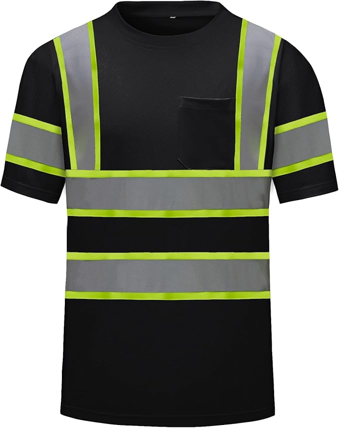 High Visibility Shirts Quick Dry Safety T Shirts with Reflective Strips and Pocket Short Sleeve Mesh Hi Vis Construction Work Class 2 Shirt for Men/Women Black,4XL