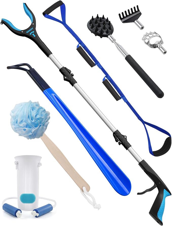 Kekoy 8 in 1 Hip Kit, Seniors Total Hip Replacement After Surgery with 36" Grabber Reacher Tool, Sock Aid Device, Leg Lifter, Long Handle Shoe Horn, Bath Sponge, Telescoping Back Scratcher(Blue)