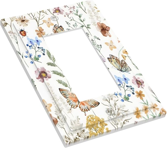 Boho Multicolor Flower Butterfly Insect Floral Decorative Outlet Covers 1 Gang Single Rocker Light Switch Cover Plate Wall Plates GFCI Faceplate for Bedroom Living Room Decor