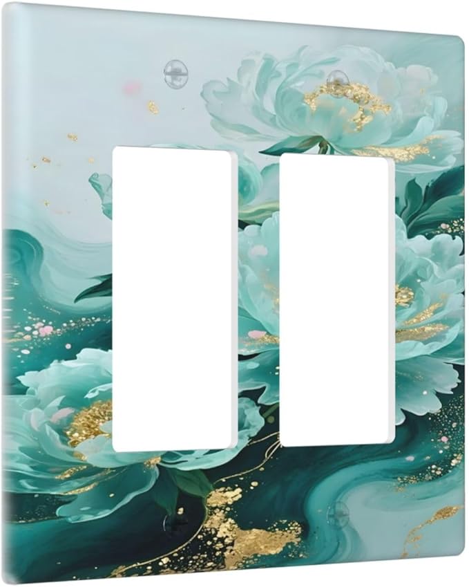 Decorative Outlet Covers Gold Green Floral Gilt Marble Flower 2 Gang Light Switch Cover Plate Double Rocker Wall Plate Gfci Switch Plate Covers for Bathroom Decor
