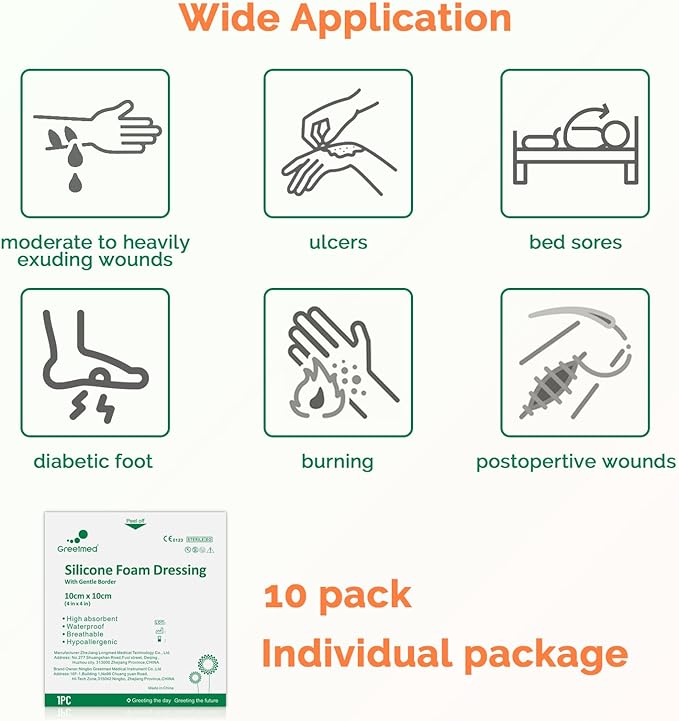 Silicone Foam Dressing 4x4 Inch with Border 10 Packs Adhesive Waterproof Wound Dressing Large Bandages for Wound Care High Absorbency Foam Pad Bandaids