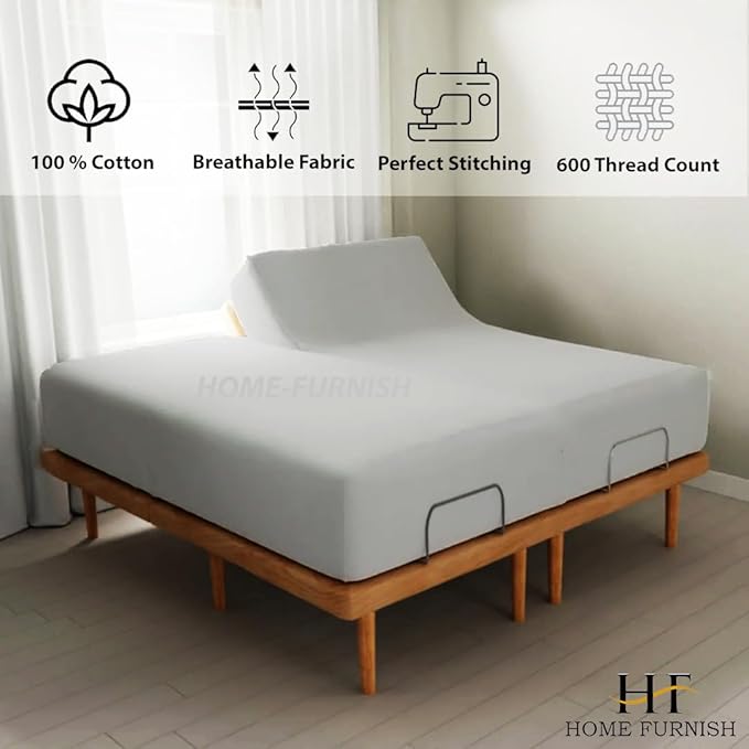 HOME-FURNISH Top Split Queen Fitted Sheet for Adjustable beds, 1 PC Half Only Down 28 inches from The Top, 600 Thread Count 100percent Cotton Queen, Silver Solid, inch