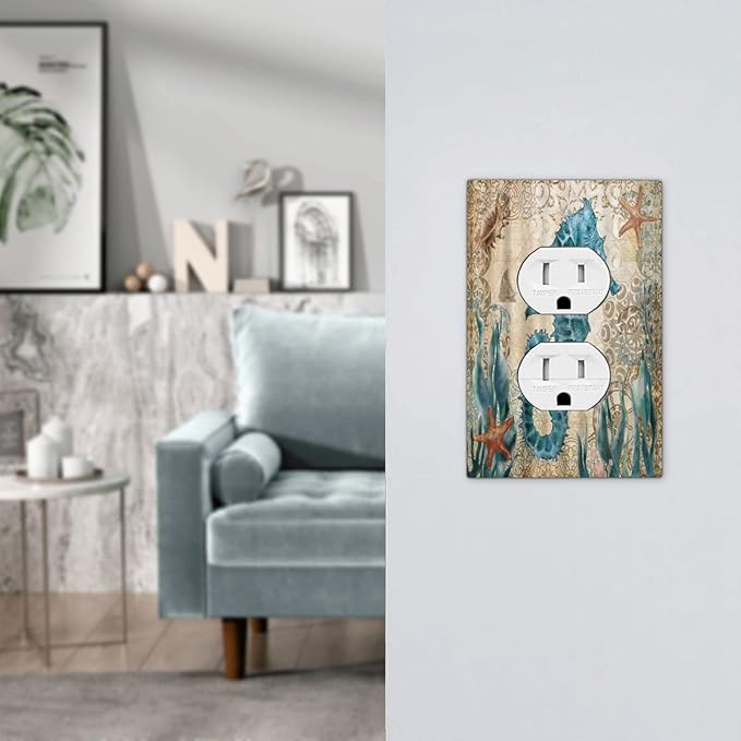 Vintage Blue Seahorse Seaweed Starfish Ocean Nautical Theme 1 Gang Duplex Outlet Cover Faceplate Decorative Wall Plate Single Receptacle Light Switch Cover Electrical Switchplate for Farm Home