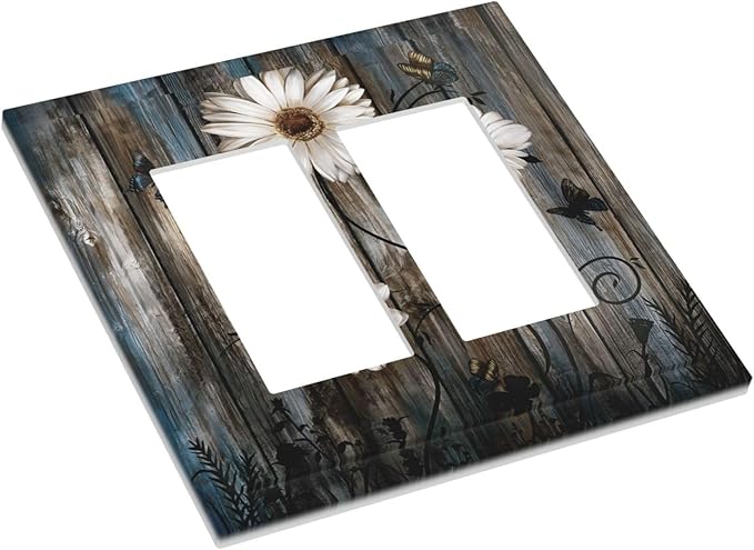 Rustic Wood Background Floral Butterfly Daisy Decorative Outlet Covers 2 Gang Double GFCI Rocker Electrical Wall Panels Light Switch Cover Plate for Farmhouse Bedroom Decor