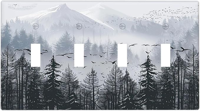 Misty Forest Nature Tree Mountain Birds Light Switch Covers Quad Toggle Electrical Faceplate 4 Gang Wall Plate Decorative Switch Plates for Bed Room Living Room Decor