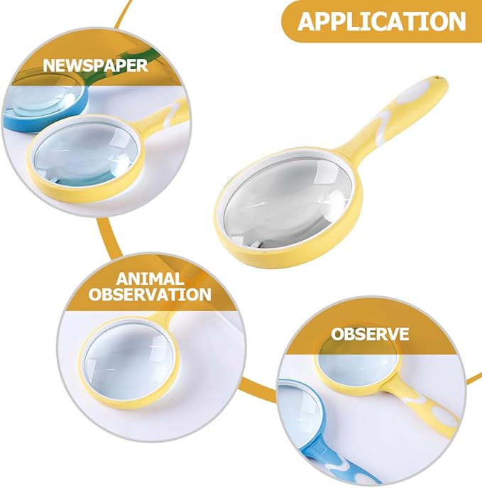 Reading Magnifier with Handle, Portable Handheld Magnifying Glass for Reading and Observation, Yellow Rubber Frame, Visual Aid Tool for Seniors and Low Vision Users