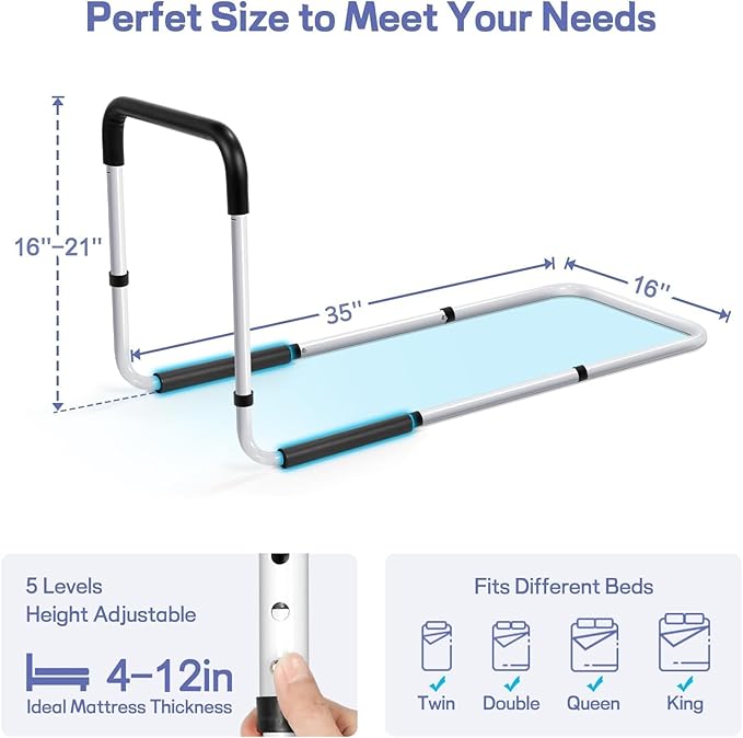 TABEKE Bed Rails for Elderly Adults, Adjustable Bed Assist Rails for Seniors, Portable Bed Support Bar Mobility Assistant with Foam Handle & Double Side Storage Bag Fits King, Queen, Full, Twin Bed