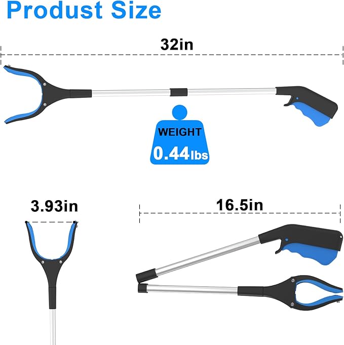 32" Reacher Grabber Pickup Tool 2 Pack, Foldable Seniors Handicap Daily and Trash Picker Upper Grabbers Daily Living Tools (Blue and Orange)