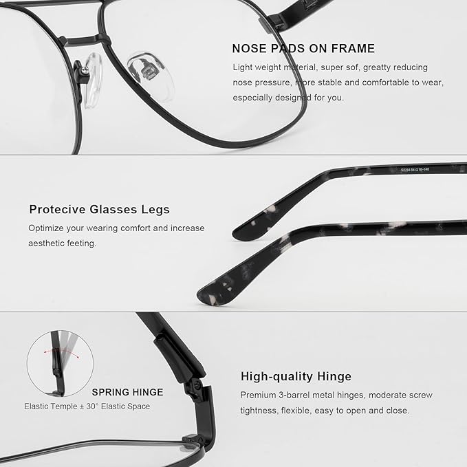 RB. Pilot Reading Glasses for Men Square Double Bridge Light Blocking Computer Readers Spring Hinge Metal Frame Acetate Legs