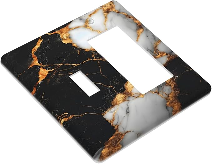 Decorative Outlet Covers Black Gold Marble 2-Gang Combo Light Switch Cover Plate Single Toggle/Rocker Wall Plate Plug Switch Plate Covers for Country Bathroom Bedroom Decor