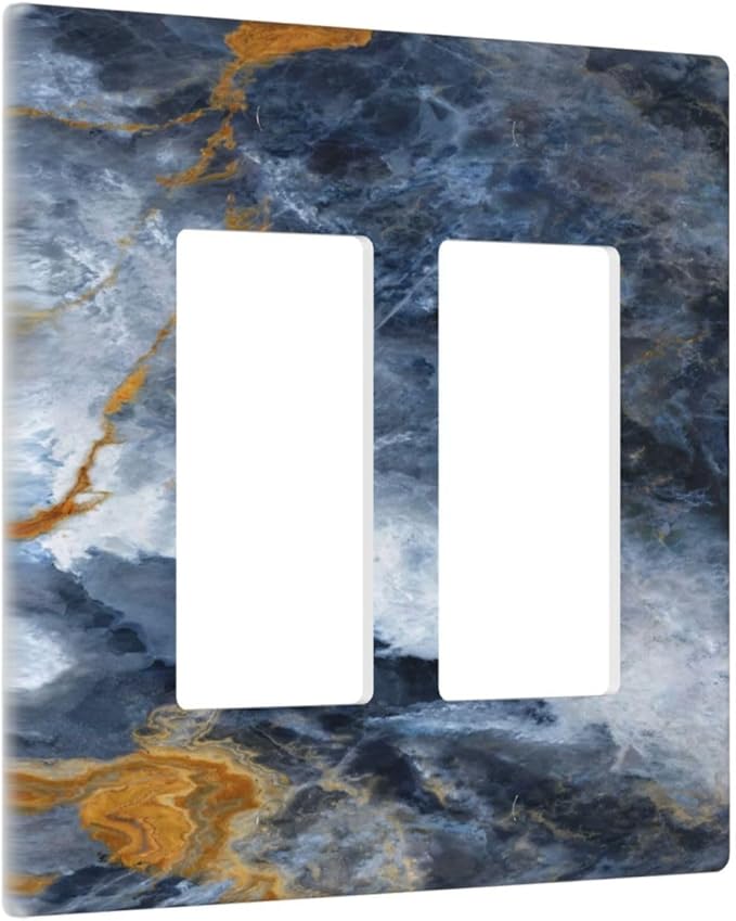 Decorative Outlet Covers Gold Dark Blue Gilt Haze Marble 2 Gang Light Switch Cover Plate Double Rocker Wall Plate Gfci Switch Plate Covers for Bathroom Decor