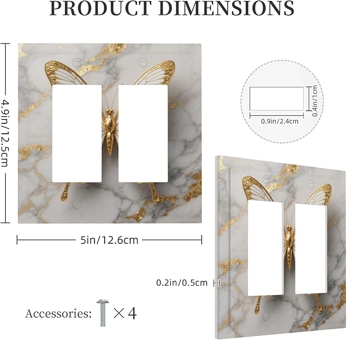 Gold Marble Shine Butterfly Abstract Modern Print Decorative Outlet Covers 2 Gang Double GFCI Rocker Electrical Wall Panels Light Switch Cover Plate for Bed Room Bathroom Decor