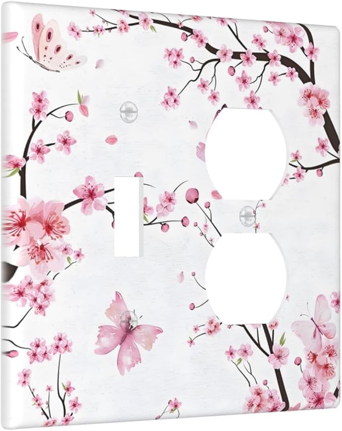 Cherry Floral Watercolor Pink Flowers Butterfly Wallplates 1 Toggle 1 Duplex Switch Plate Electrical GFCI Faceplate Decorative Light Switch Covers for Bed Room Living Room Decor