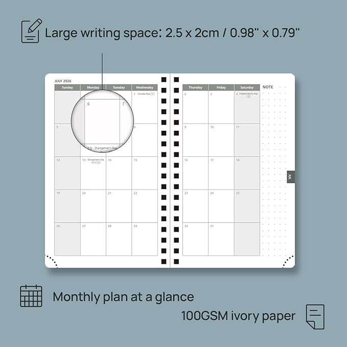 POPRUN 2026 Planner Weekly Notebook (Jan-Dec), Small Size 4''x 6.25'' - 2026 Pocket Calendar for Purse with Spiral Soft Cover, Plastic Ruler, Inner Pocket, 100 GSM - Claret