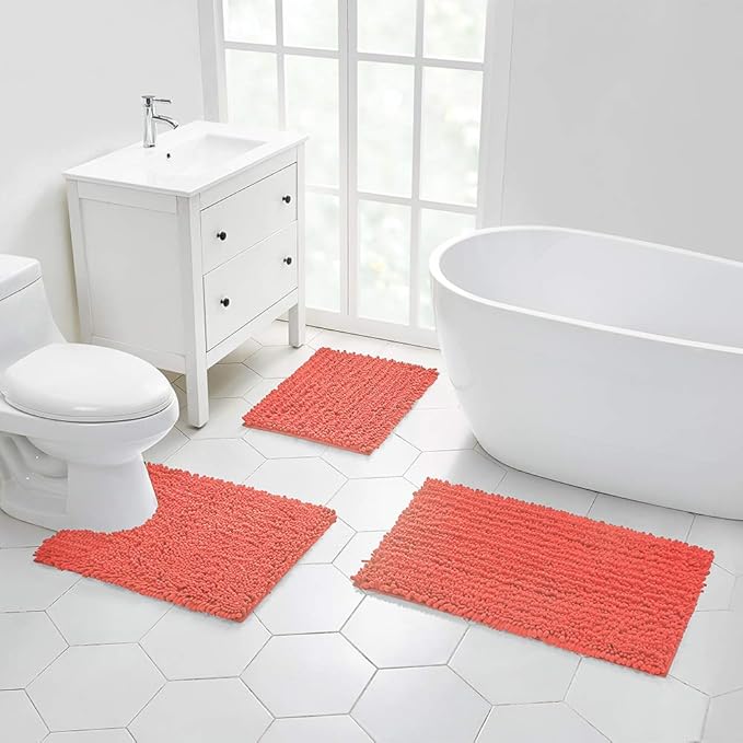 Walensee Large Bathroom Rug Non Slip Bath Mat (24x60 Inch Coral) Water Absorbent Super Soft Shaggy Chenille Machine Washable Dry Extra Thick Perfect Absorbant Best Plush Carpet for Shower Floor