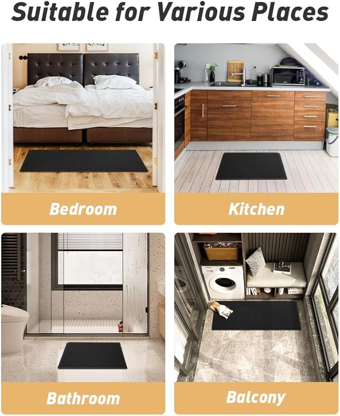 AMOAMI Upgraded Waffle Runner Rug Super Absorbent Non Slip Bath Mats for Bathroom Machine Washable Bathroom Runner Rug with Tassels, Ideal for Hallway Bedroom Laundry Room, 2'x 4'(24" x 48"), Black