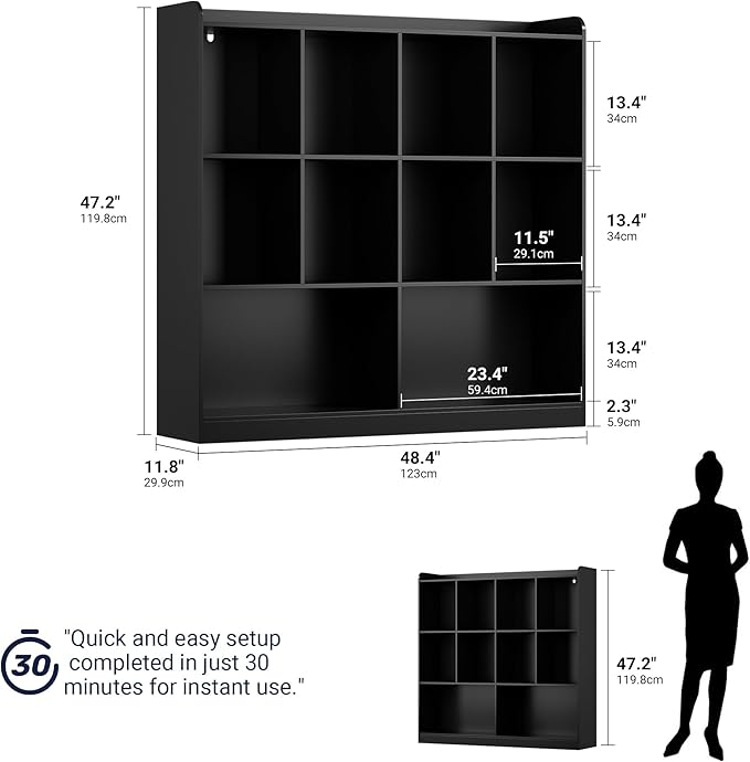 Cozy Castle Bookshelf, 3-Tier Open Bookshelf, 10 Cube Horizontal Bookcase, Storage Organizer with Anti-Tilt Device, Wood Bookcase for Home Office, Bedroom, Living Room, Black