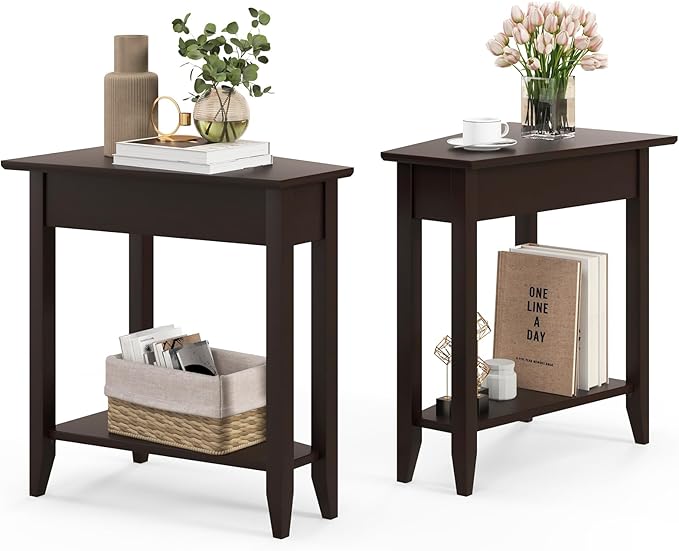 Giantex Wedge End Table Set of 2, Triangle Side Table with Storage Shelf and Solid Wood Legs, Recliner Table, 24.5" Tall Nightstand, Modern Narrow Accent Table for Small Space Living Room, Espresso