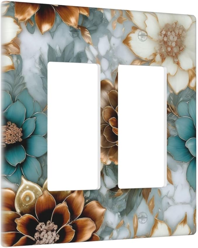 Vintage Marble Floral Gold/Green/White Metal Flowers Outlet Covers Double Rocker Light Switch Covers Decorative 2 Gang Gfci Wall Plate Electrical Receptacle Switchplate Plug Faceplate Bathroom