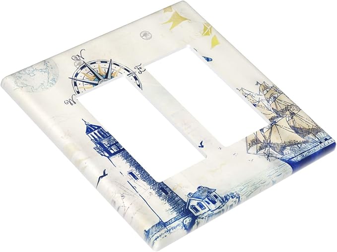 Nautical Sailboat Lighthouse Compass Anchor Double Rocker/Decora Outlet Covers Plate 2 Gang Light Switch Cover Decorative Rustic Gfci Wall Plate Electrical Switchplate for Country Bathroom