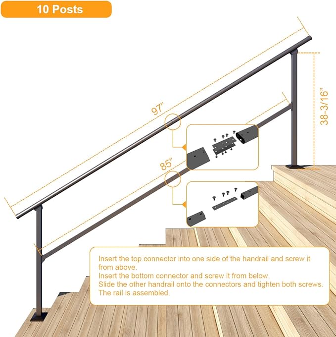 DIYHD 10 Step Handrail for Outdoor,Powder Coated Iron Stair Railing,Black Hand Rails for Indoor, Porch,Deck,1 Pack