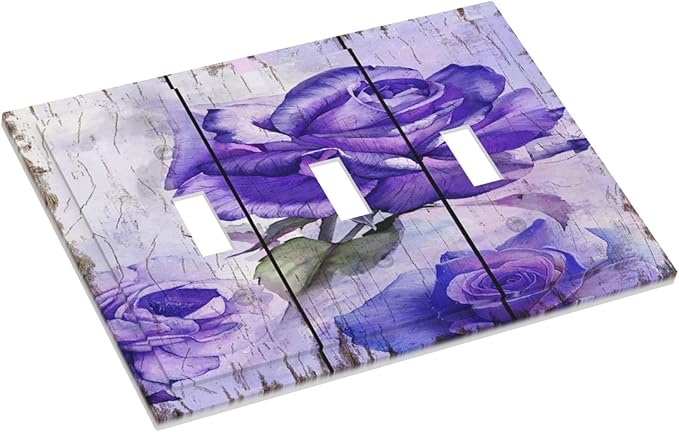 Light Switch Cover Purple Rose Flower Rustic Wood Plank 3 Gang Wall Plate Triple Light Switch Plate Toggle Decorative Outlet Covers Electrical Switchplate for Farmhouse Bathroom Decor