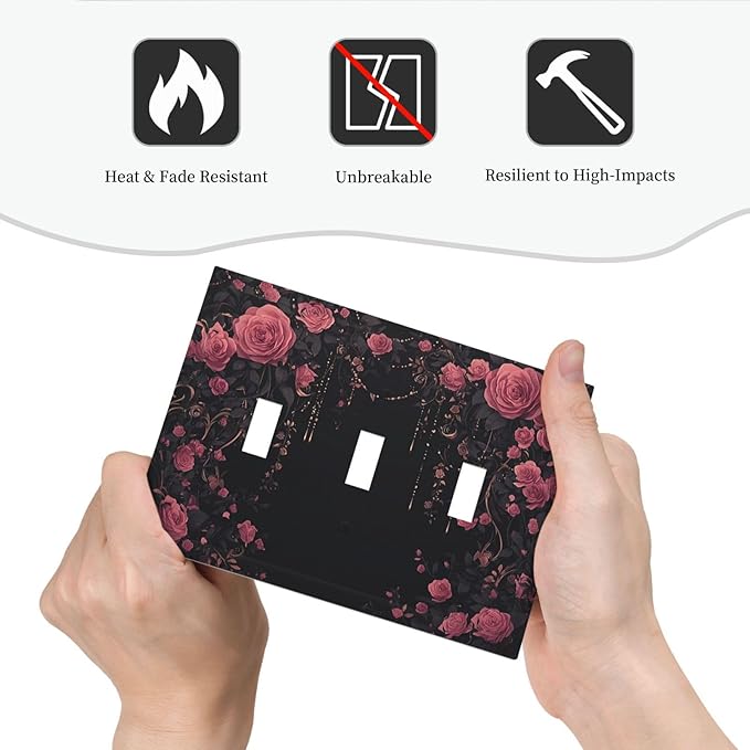 Decorative Switch Plates Dark Background Red Rose Leaf 3 Gang Wall Plate Triple Toggle Light Switch Cover Faceplate Electrical Wall Panels for Bedroom living Room Decor