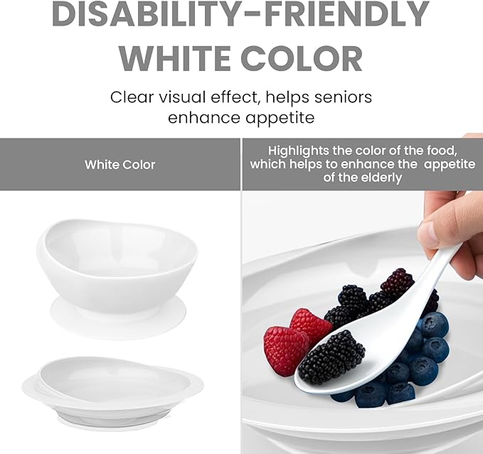 Spill Proof Scoop Plate and Bowl with Non-Skid Suction Base, Adaptive Self-Feeding Dinnerware for Elderly and Disabled(White)
