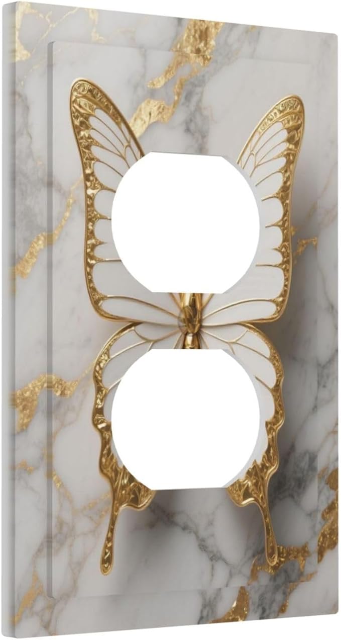Gold Marble Shine Butterfly Abstract Modern Print Outlet Covers 1 Gang Duplex Light Switch Cover Decorative Switch Plates Electrical Receptacle Faceplate Wall Plate for Bed Room Bathroom Decor