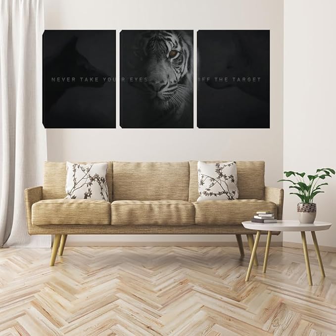 Unbruvo Tiger Motivational Wall Art - 3 Piece Canvas Prints for Office, Inspirational Leadership Quotes, Black Tiger Picture Wall Decor for Living Room, Bedroom(72''Wx36''H)