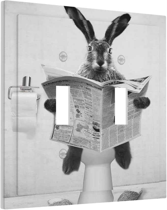 Funny Retro Cute Animals Vintage Grey Black Rabbit Double Toggle Light Switch Plate Cover Decorative 2 Gang Wall Plate Covers Dual Device Electrical Switchplate for Country Bathroom Bedroom