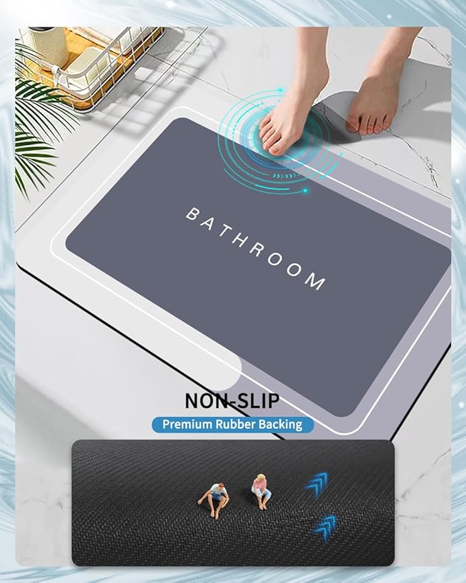 Bath Mat Rugs Non Slip Quick Dry Bathroom Mats Super Absorbent Rubber Bath Mats Fit Under Door, Bathroom Rugs Shower Mat for Bathroom, Bathtub, Shower and Sink (Rectangle Grey, 24"x35")