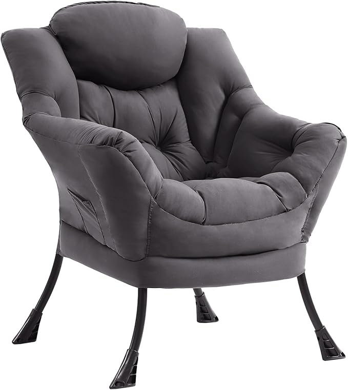 Lazy Chair, Modern Accent Lounge Reading Chair with Armrests, Side Pocket & Metal Frame, Comfy Leisure Chair for Living Room, Bedroom, Dorm & Office, Dark Grey