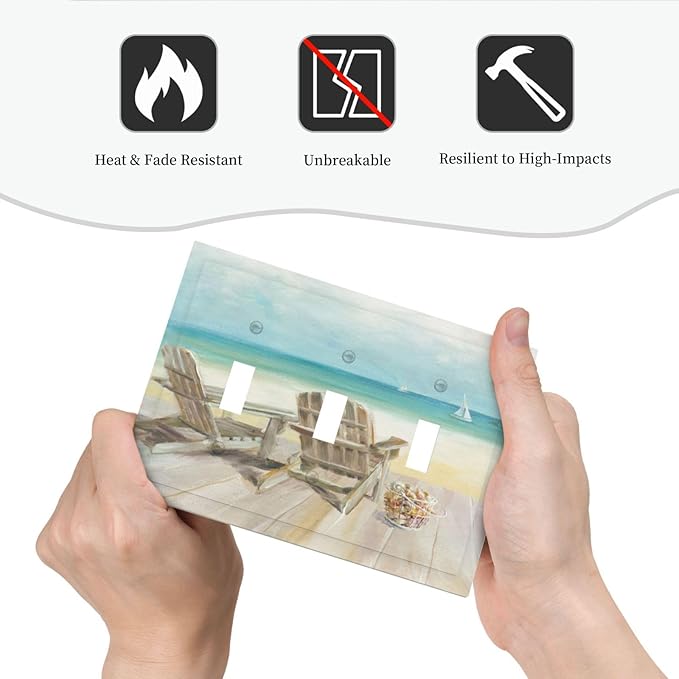 Light Switch Cove Beach Chair Seascape Blue Ocean 3 Gang Wall Plate Triple Light Switch Plate Modern Coastal Toggle Decorative Outlet Covers Electrical Switchplate for Bathroom Decor