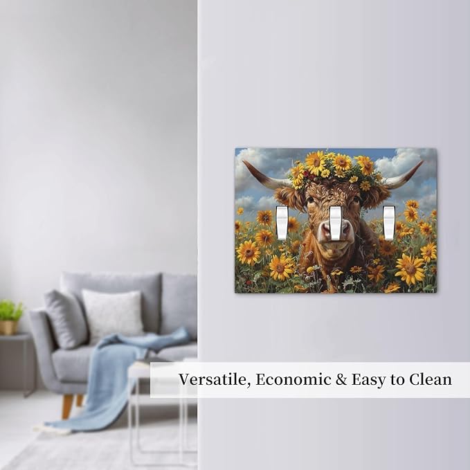 Decorative Switch Plates Vintage Sunflower Highland Cow Rustic Art 3 Gang Wall Plate Triple Toggle Light Switch Cover Faceplate Electrical Wall Panels for Bedroom Farmhouse Decor