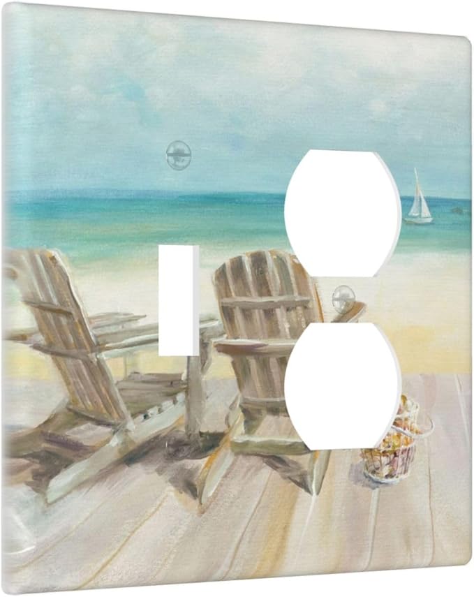 Decorative Light Switch Cover Plate Beach Chair Seascape Blue Ocean Modern Coastal 2 Gang Outlet Covers 1 Toggle 1 Duplex Wall Plate Decorate Electrical Switch Plate Covers for Bathroom Home