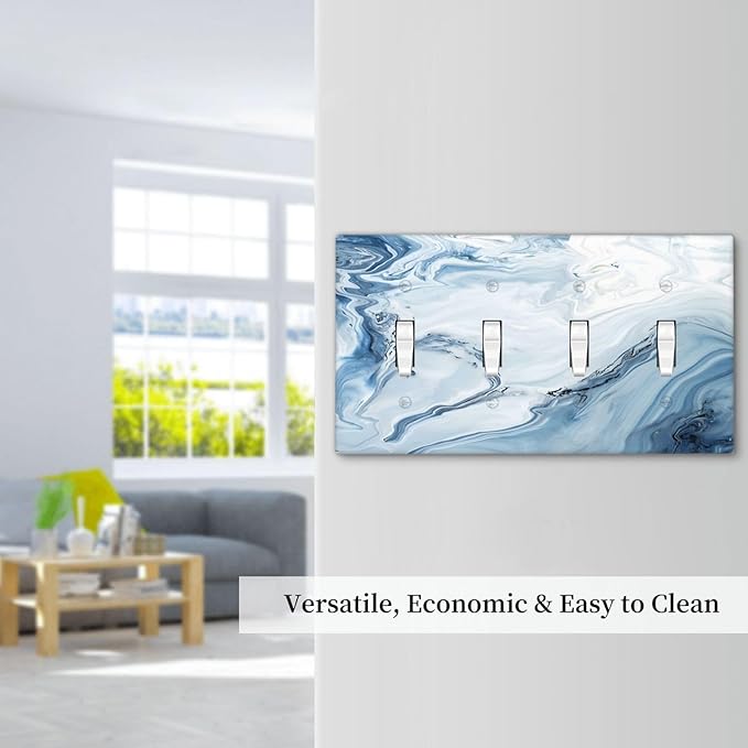 Light Blue Marble Texture Abstract Print Light Switch Covers Quad Toggle Electrical Faceplate 4 Gang Wall Plate Decorative Switch Plates Cover for Bathroom Kitchen Home Decor