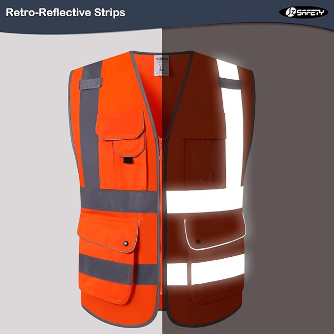 JKSafety 9 Pockets Class 2 High Visibility Zipper Front Safety Vest With Reflective Strips, Meets ANSI/ISEA Standards (150-Orange, 5XL)