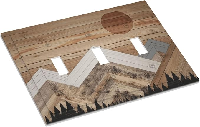 Wooden Planks Mosaic Snow Mountain Sun Decorative Switch Plates 3 Gang Wall Plate Triple Toggle Light Switch Cover Faceplate Electrical Wall Panels for Farmhouse Home Decor