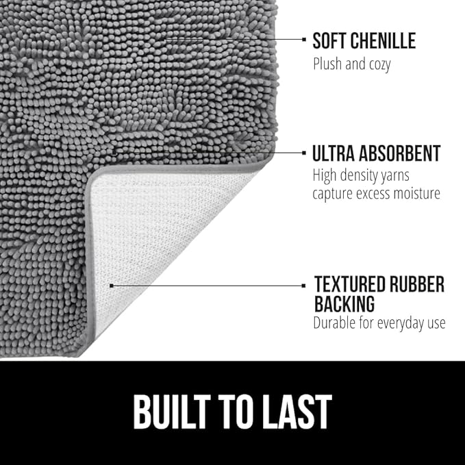 GORILLA GRIP Bathroom Rug Sets 3 Piece, Bath Mat Set and Oval Toilet Base with Rubber Backing, Plush Absorbent Shaggy Chenille Washable Mats, Includes 24x19.5, 24x17 and 36x24 Inch Rugs, Grey