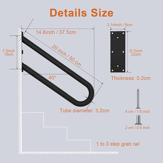 20 inch Stainless Steel Handrail for 1-3 Steps- 1.25" Tube, ZUEXT U Shaped Oil Rubbed Black Safety Grab Bar for Stairs, Wall Mounted Hand Railing for Outdoor Garage Entry Interior Exterior Stairway