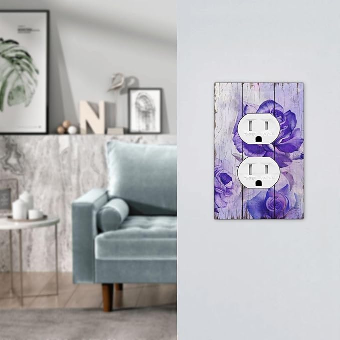 Outlet Covers Purple Rose Flower Rustic Wood Plank 1 Gang Duplex Light Switch Cover Plate Decorative Wall Plates Electrical Switchplate Receptacle Cover for Farmhouse Bathroom Decor