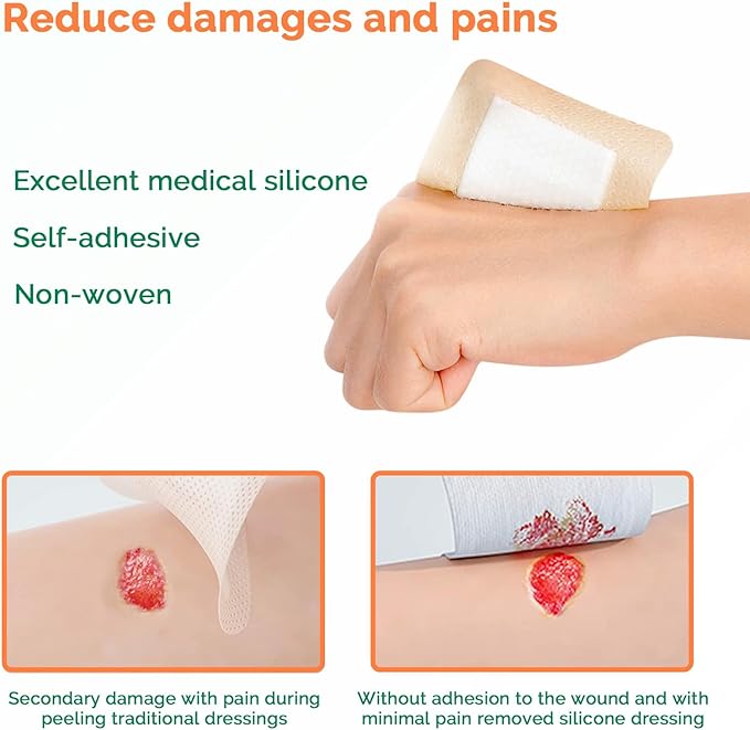 Silicone Foam Dressing 4x4 Inch with Border 10 Packs Adhesive Waterproof Wound Dressing Large Bandages for Wound Care High Absorbency Foam Pad Bandaids