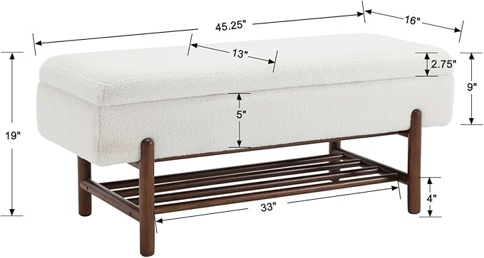 EALSON Modern Storage Ottoman Bench Sherpa Upholstered End of Bench with Seating and Wood Shoe Rack Long Entryway Bench for Bedroom/Living Room/Foyer, White