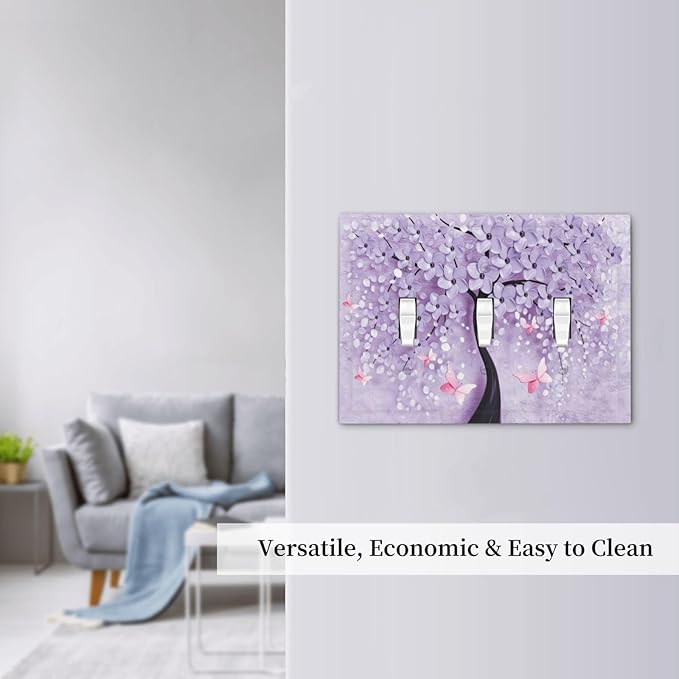 Light Switch Cover 3D Purple Tree 3 Gang Wall Plate Triple Light Switch Plate Toggle Decorative Outlet Covers Electrical Switchplate for Bathroom Bedroom Decor