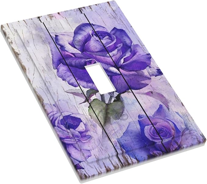 Light Switch Cover Purple Rose Flower Rustic Wood Plank 1 Gang Wall Plate Cover Single Toggle Outlet Covers Decorative Switchplate Electrical Faceplate for Farmhouse Bathroom Decor