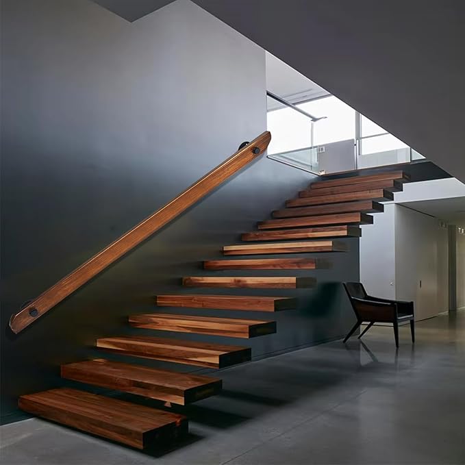 Wood Handrails, Indoor Non-Slip Staircase Handrail,Retro Rustic Wall Mount Railings Handrails, Home Loft Corridor Support Rod,Industrial Pipe Support, Easy to Install (Dark Wood, 9FT)