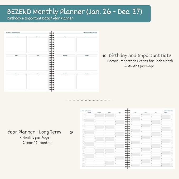 BEZEND Monthly Planner 2026-2027 (Spiral-8.5" x 11") 2 Year Calendar Book with Note Pages - Jan 26 to Dec 27-120 GSM Paper, Inner Pockets, Laminated Tabs, Vegan Leather Softcover - Cornflower