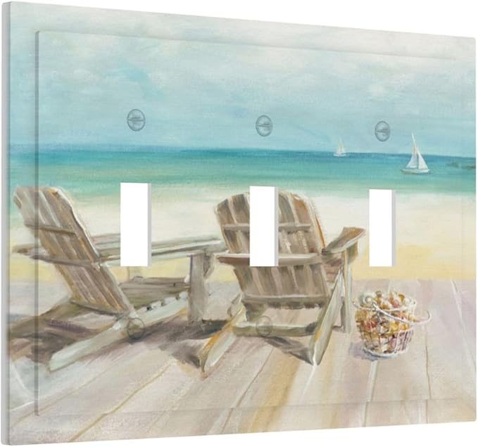 Light Switch Cove Beach Chair Seascape Blue Ocean 3 Gang Wall Plate Triple Light Switch Plate Modern Coastal Toggle Decorative Outlet Covers Electrical Switchplate for Bathroom Decor