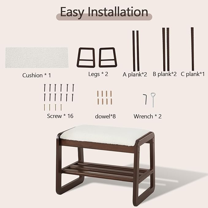 Small Shoe Rack Bench,2 Tier Wooden Entryway Bench with Shoe Storage, Shoe Rack with Cushion for Living Room, Hallway(CreamWhite, 21.6")